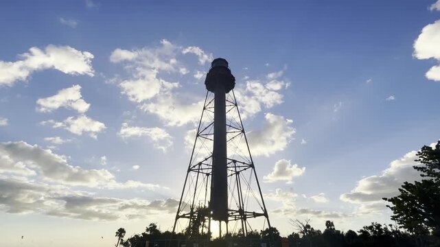 Sanibel Island Light, also known as Point Ybel Light, stands tall on the sandy beach against a clear blue sky, inviting tourists to explore the natural beauty of Sanibel, Florida