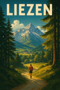 A hiker walks through a sunlit forest trail overlooking a valley and majestic alpine mountains near Liezen under a clear sky with scattered clouds