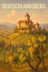 Naklejka premium A large stone castle on a hill rises above autumn-colored vineyards and a distant chapel under soft warm skies in Deutschlandsberg surrounded by rolling countryside