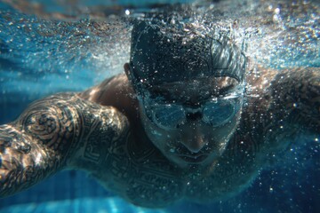 Freediver practicing underwater skills in a clear pool in Bangkok during a sunny afternoon