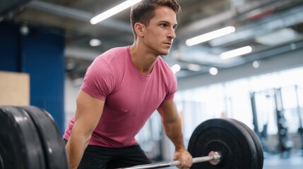 Young man lifting a barbell in a gym. he is wearing a pink t-shirt and black shorts and is in the middle of a weightlifting exercise.