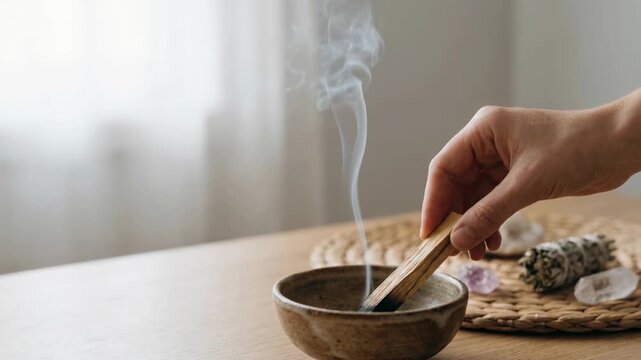 Burning palo santo stick smoke rising ceramic bowl wooden table for relaxation and cozy ambiance