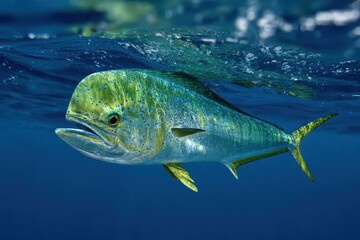 Mahi Mahi swimming gracefully in the clear blue ocean, showcasing vibrant colors under sunlight