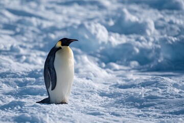 Majestic adult emperor penguin standing gracefully on the snowy ice of Antarctica during a bright, sunny winter day, showcasing its striking black and white plumage against the icy backdrop