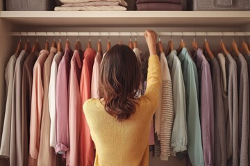 Housewife organizing clothes in a wardrobe during the afternoon in a well-lit room to create an orderly clothing collection for efficient dressing