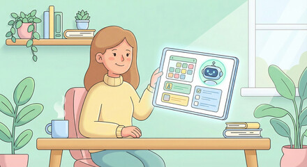 Young woman showing tablet screen with AI robot assistant interface at desk.