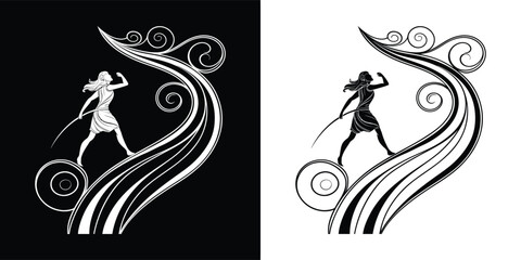 A captivating black and white illustration showcases a surfer girl gracefully riding a wave, embodying the spirit of adventure and the beauty of the ocean