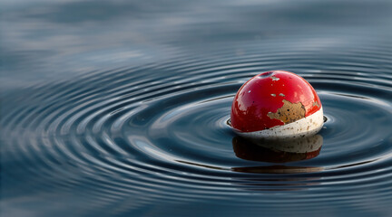 Red and white fishing bobber floating on still water. Weathered fishing float creating concentric ripples on a lake surface. Close up of angling equipment in nature