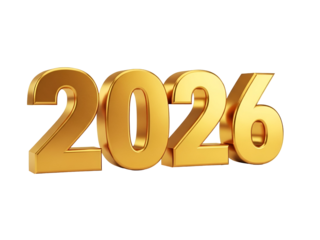 Shiny Golden 3D Text of 2026 for New Year Celebrations, Future Goals, and Business Success, isolated on transparent background.