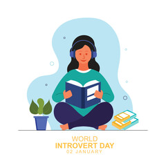 Introvert Girl seating inside reading a book with headphones for World Introvert Day