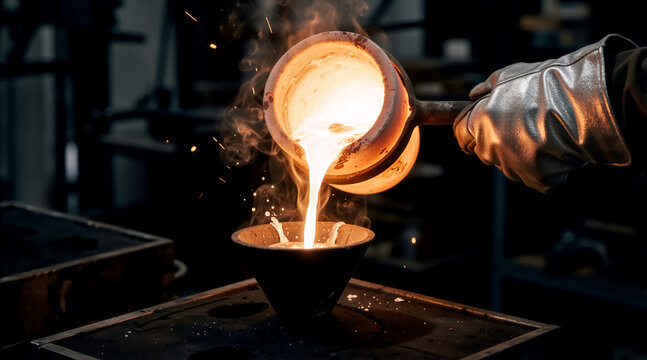 Molten metal pouring from a crucible into a mold in a foundry. Industrial metal casting process with glowing liquid and sparks. Metallurgy and manufacturing concept - Powered by Adobe