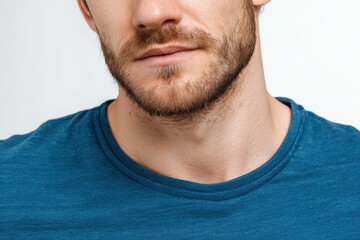 Fototapeta premium Close up of a young man with a neutral expression wearing a blue shirt against a plain backdrop in a well-lit environment