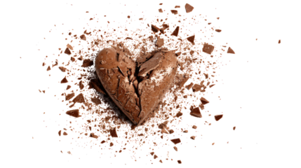 Sad broken chocolate heart pieces scattered on transparent backdrop illustration
