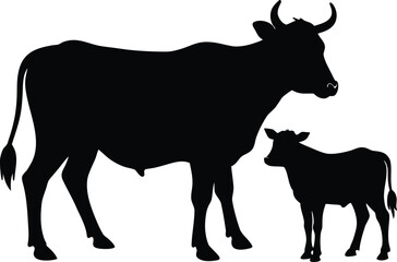Minimalist silhouette illustration of a cow calf standing closely, together vector, Cow and Calf silhouette vector illustration © Jabed