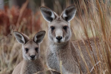 Fototapeta premium Realistic depiction of an eastern grey kangaroo with joey in natural habitat during a tranquil moment in the wild