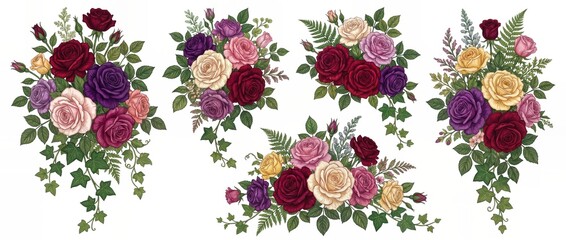 Bouquet roses floral clipart set on white.