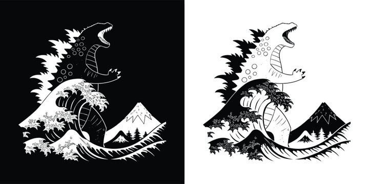 Godzilla roaring amidst waves and mountains isolated on white background, capturing the iconic monsters power and destruction in a dramatic scene