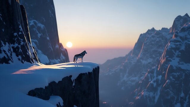 Wild howling wolf on snowy cliff embracing the serene beauty of a mountain sunset - Powered by Adobe