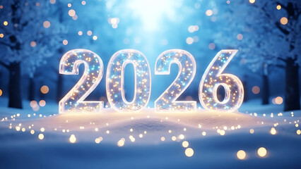 2026 numbers illuminated with fairy lights in snowy forest 1