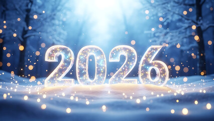 2026 numbers in snowy forest with bokeh lights year