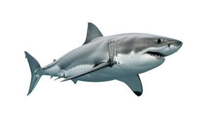 Obraz premium Dynamic Great White Shark with Open Jaws and Razor-Sharp Teeth, a Powerful Marine Predator in a Realistic Swimming Pose, isolated on transparent background.
