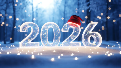 Glowing 2026 numbers with Santa hat in snowy forest