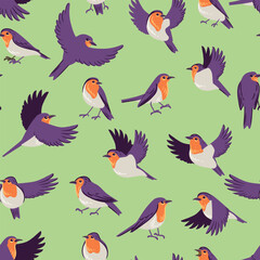 vector drawing seamless pattern with birds, european robin, hand drawn Erithacus rubecula, natural backdrop