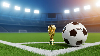 Soccer ball and trophy on stadium grass with 2026 marking