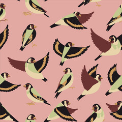 vector drawing seamless pattern with birds, European goldfinch , hand drawn Carduelis carduelis, natural backdrop