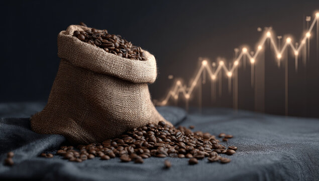Open burlap sack filled with roasted coffee beans spilling onto dark fabric surface, with glowing line graph in background indicating growth or trend