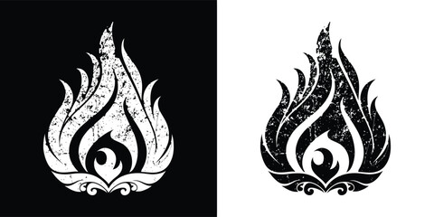 A distressed fire element in black and white showcases a vintage aesthetic, perfect for adding a retro touch to your creative projects isolated on white background