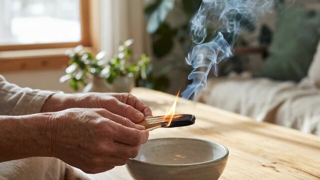 Burning palo santo stick with smoke rising over ceramic bowl and cozy wooden table ambiance