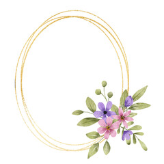 Floral gold frame wreath border. Watercolor hand painting geometric background. Flowers, leaf, leaves, isolated on white background. © Larisa
