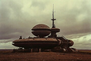 Rusty derelict sci-fi base with twin domes and tall antenna under a gloomy overcast sky