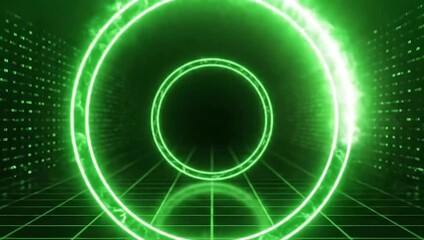 Neon green circle portal in futuristic dark room with grid floor