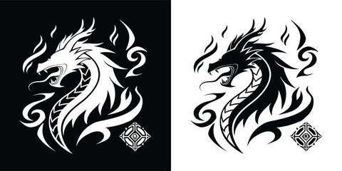 Fototapeta premium An intricate black and white illustration of a dragon, embodying strength, wisdom, and the mystical allure of mythical creatures