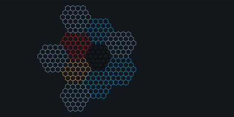 Dark red and blue hexagon abstract technology background with red and blue colored bright digital good