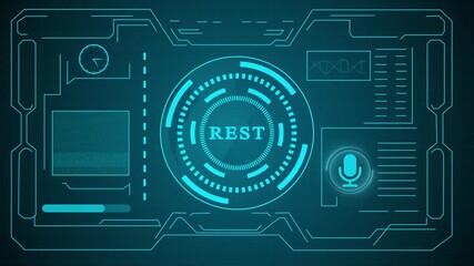 Futuristic HUD user interface with circular data elements and digital icons on dark background for sci-fi design. Technology icons, data visualization charts and dashboard elements heads-up display . - Powered by Adobe