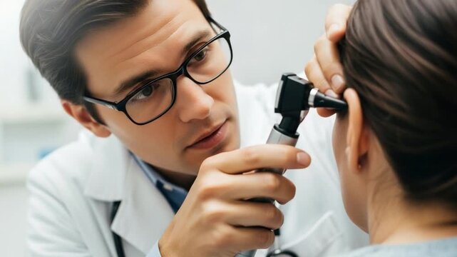 A doctor in a white coat examining a patients ear with an otoscope in a clinical setting with blurred background