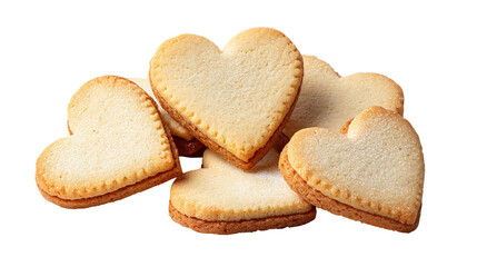 Stack of heart shaped sugar cookies dusted with powdered sugar on transparent back