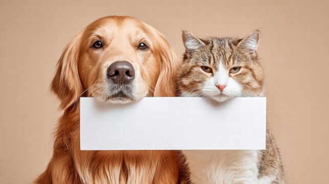 Dog and cat holding a blank sign together