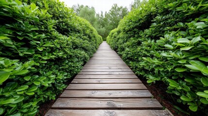 Obraz premium Wooden pathway through vibrant green hedges in a serene garden setting.