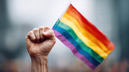 Hand holding a rainbow flag, symbolizing LGBTQ pride and support.