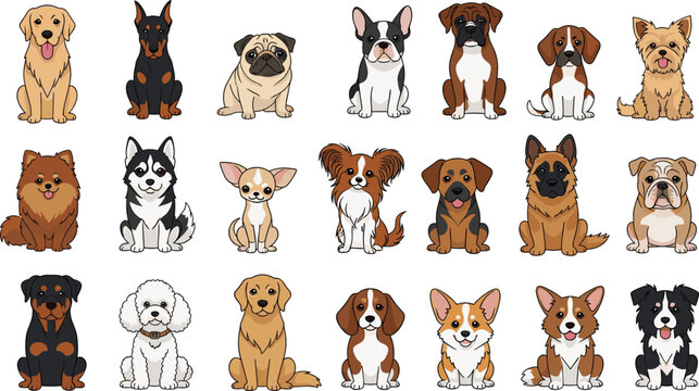 Cute Cartoon Dog Breed Collection with Golden Retriever, German Shepherd, Pug, Corgi, and French Bulldog Illustrations