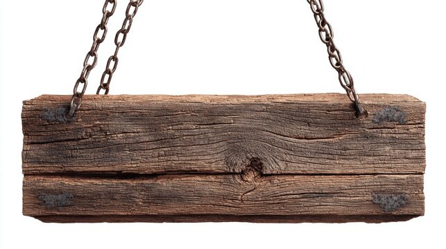 Rustic wooden sign hanging from chains