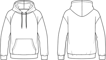 Unisex Raglan Hoodie Technical Drawing Vector Template with Kangaroo Pocket and Drawstrings in Front and Back View