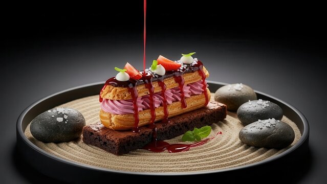 Gourmet chocolate eclair with pink cream filling, drizzled with red sauce, served on a dark plate with zen stones and garnish