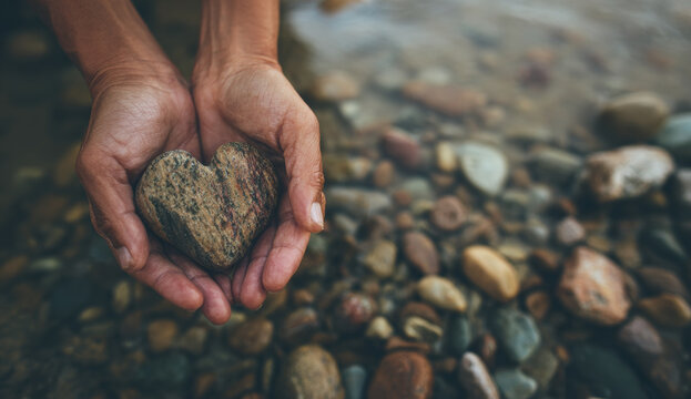 Pair of hands holding a heart-shaped polished stone with textured surface and earthy tones, symbolizing love and connection, on a rocky ground