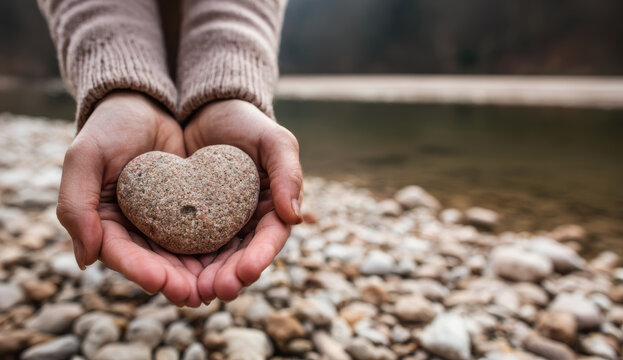 Pair of hands holding an elegant heart-shaped stone with smooth, textured surface against natural rocky lakeshore background