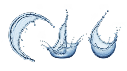 Three dynamic water splashes isolated on transparent background liquid fluid
